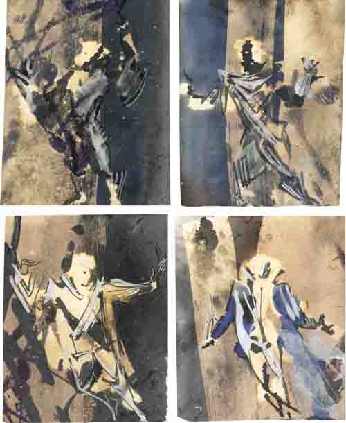 Sketches for “Bring it Back”, Siegfried & Roy at the Mirage Hotel, Graphite/ Ink/  Watercolor/ Glitter paint/ Acrylic/ Paper/ Gold Doilies, 13 ½ x 15 ½ inches